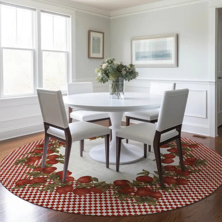 8' Red And Ivory Geometric Washable Round Rug With UV Protection Photo 4