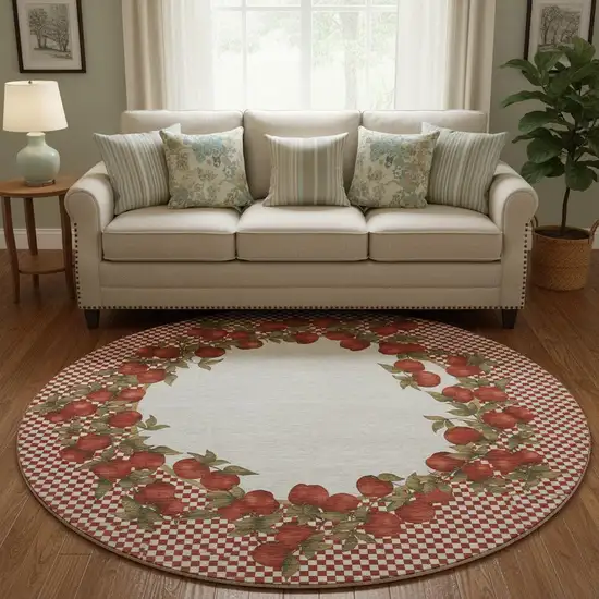 8' Red And Ivory Geometric Washable Round Rug With UV Protection Photo 1