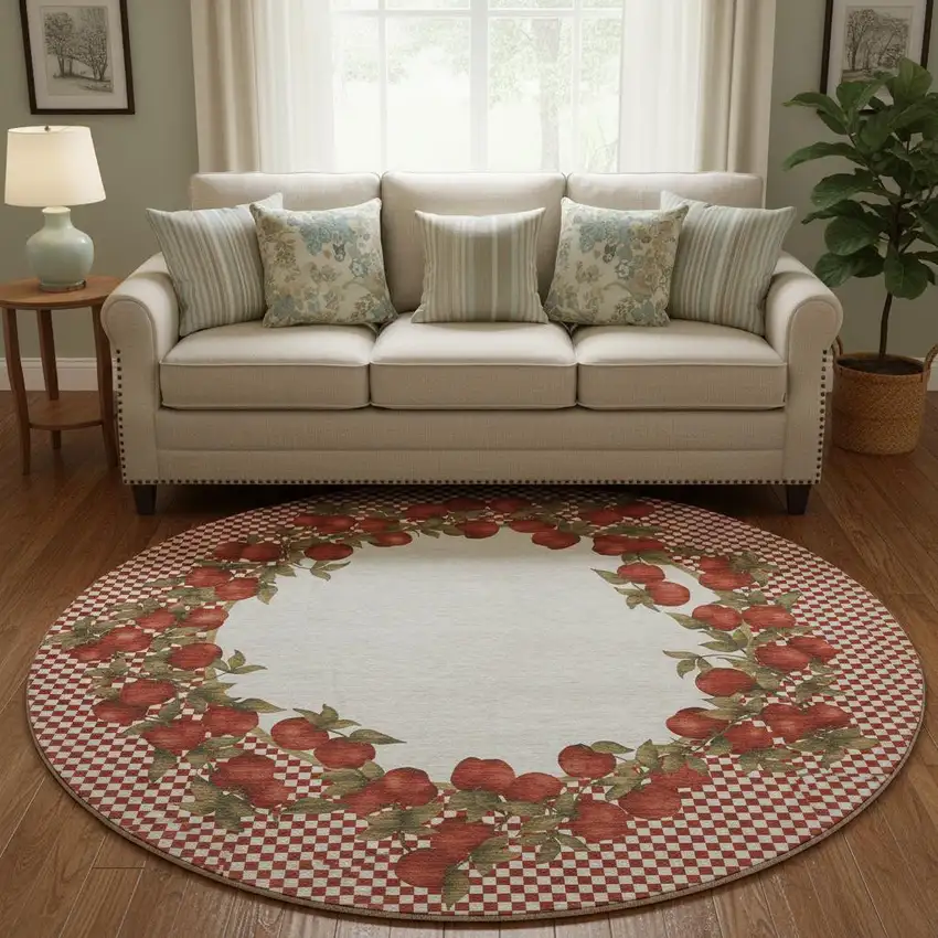8' Red And Ivory Geometric Washable Round Rug With UV Protection Photo 1