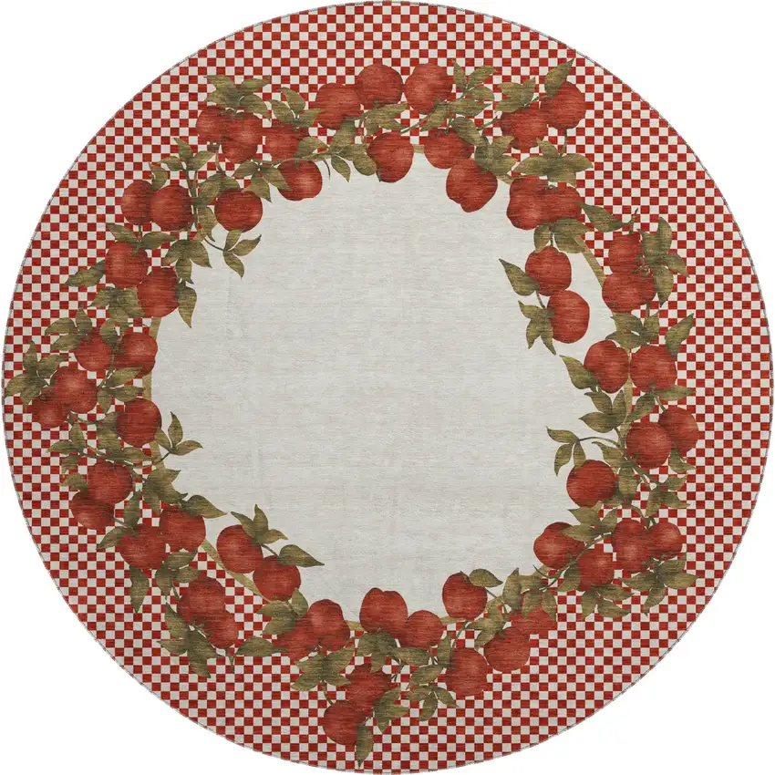 8' Red And Ivory Geometric Washable Round Rug With UV Protection Photo 2