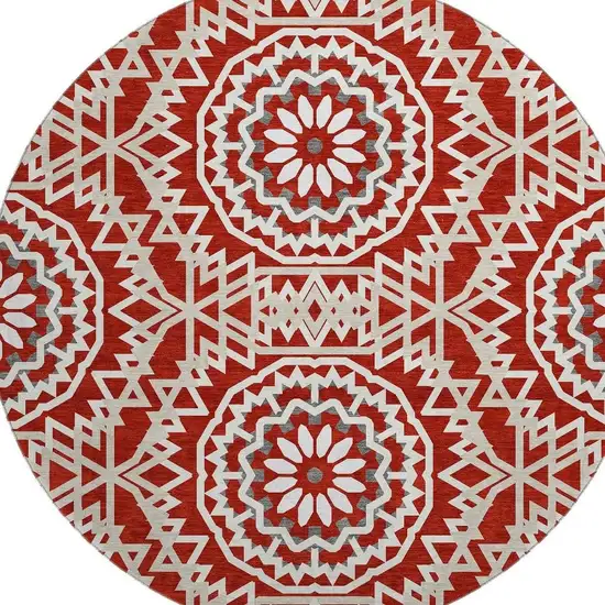 8' Red And Ivory Geometric Washable Round Rug With UV Protection Photo 3