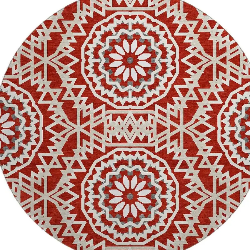 8' Red And Ivory Geometric Washable Round Rug With UV Protection Photo 3
