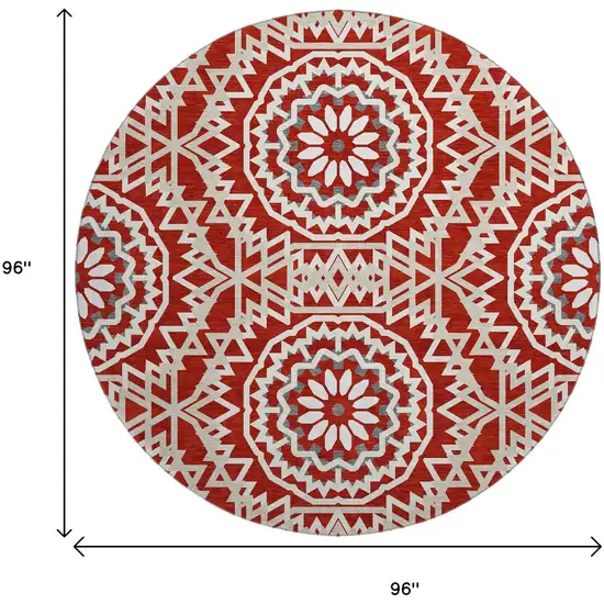 8' Red And Ivory Geometric Washable Round Rug With UV Protection Photo 3