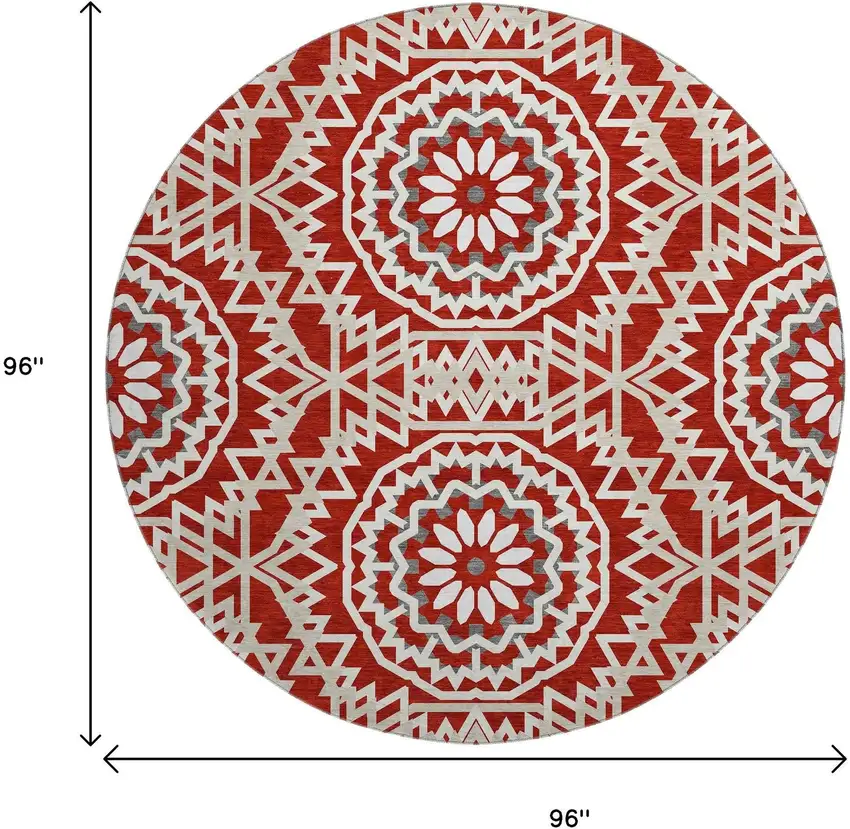 8' Red And Ivory Geometric Washable Round Rug With UV Protection Photo 3