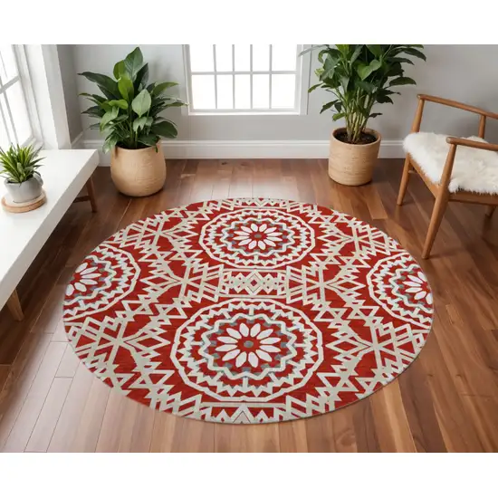 8' Red And Ivory Geometric Washable Round Rug With UV Protection Photo 2