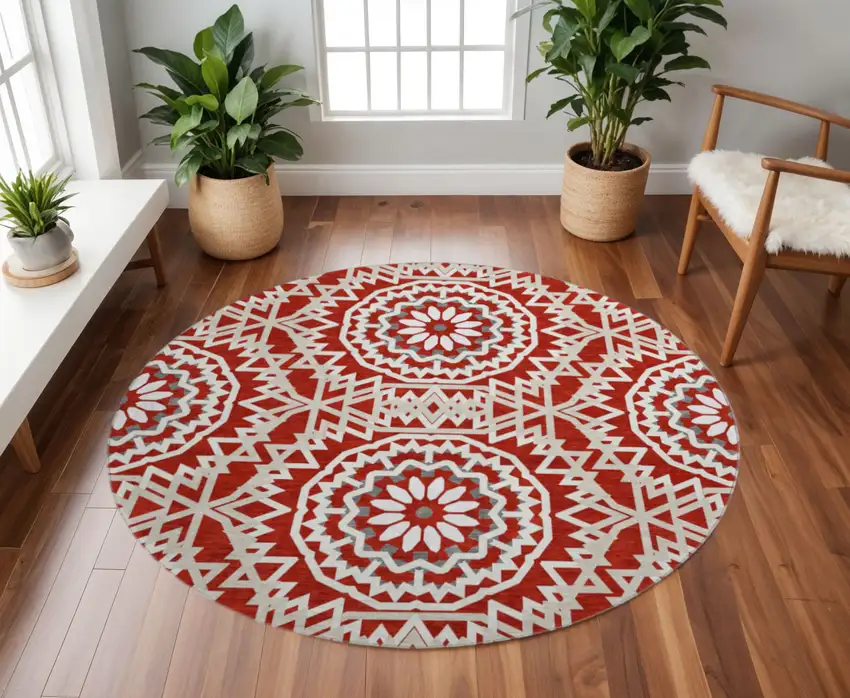 8' Red And Ivory Geometric Washable Round Rug With UV Protection Photo 2