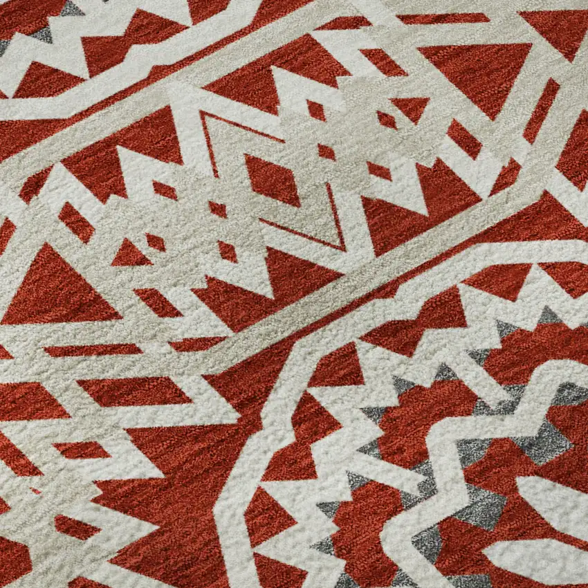 8' Red And Ivory Geometric Washable Round Rug With UV Protection Photo 9