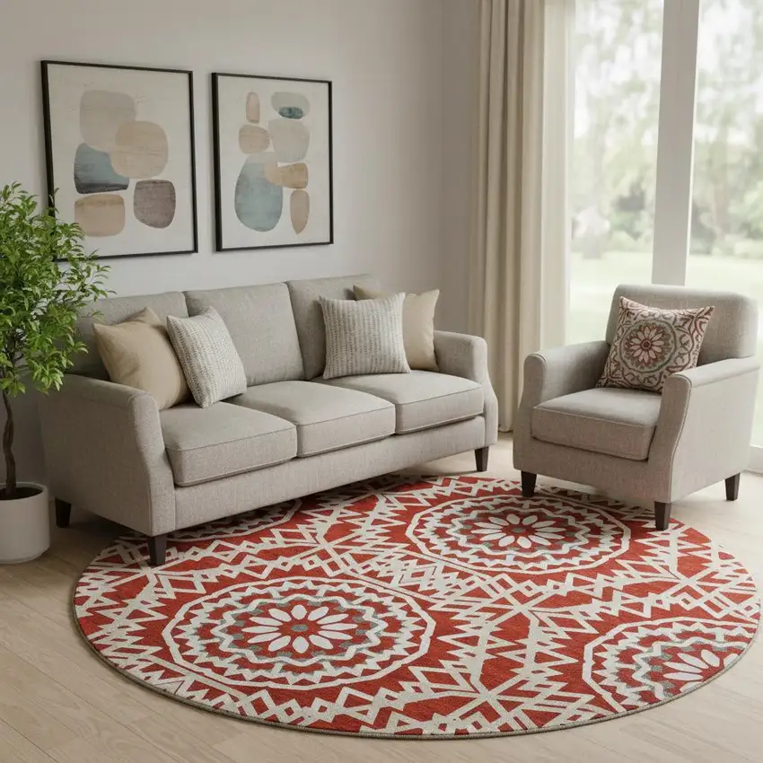 8' Red And Ivory Geometric Washable Round Rug With UV Protection Photo 1