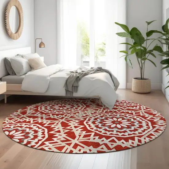 8' Red And Ivory Geometric Washable Round Rug With UV Protection Photo 5