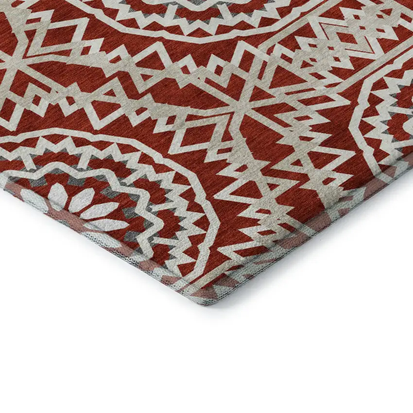 8' Red And Ivory Geometric Washable Round Rug With UV Protection Photo 7