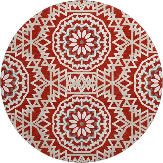 8' Red And Ivory Geometric Washable Round Rug With UV Protection Photo 1