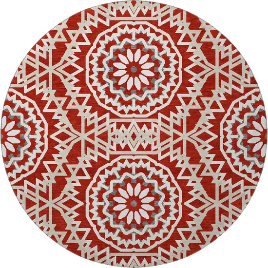 8' Red And Ivory Geometric Washable Round Rug With UV Protection Photo 4