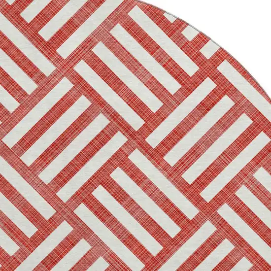 8' Red And Ivory Geometric Washable Round Rug With UV Protection Photo 3
