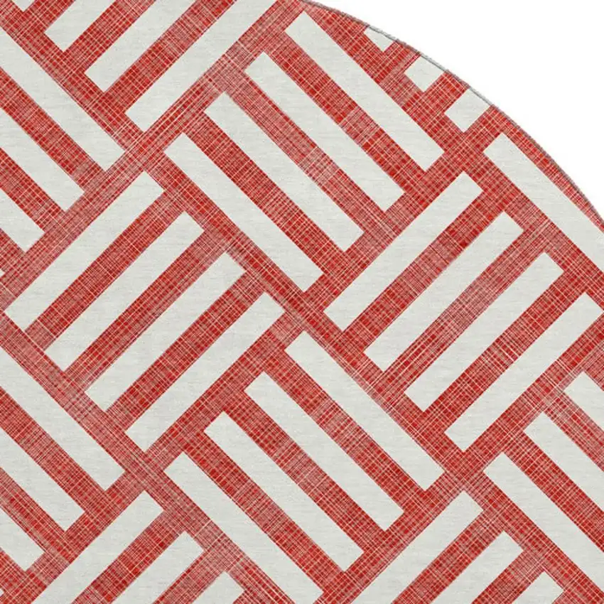 8' Red And Ivory Geometric Washable Round Rug With UV Protection Photo 3