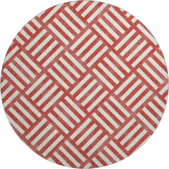 8' Red And Ivory Geometric Washable Round Rug With UV Protection Photo 1