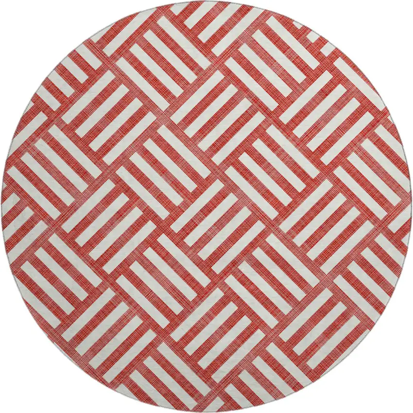 8' Red And Ivory Geometric Washable Round Rug With UV Protection Photo 1