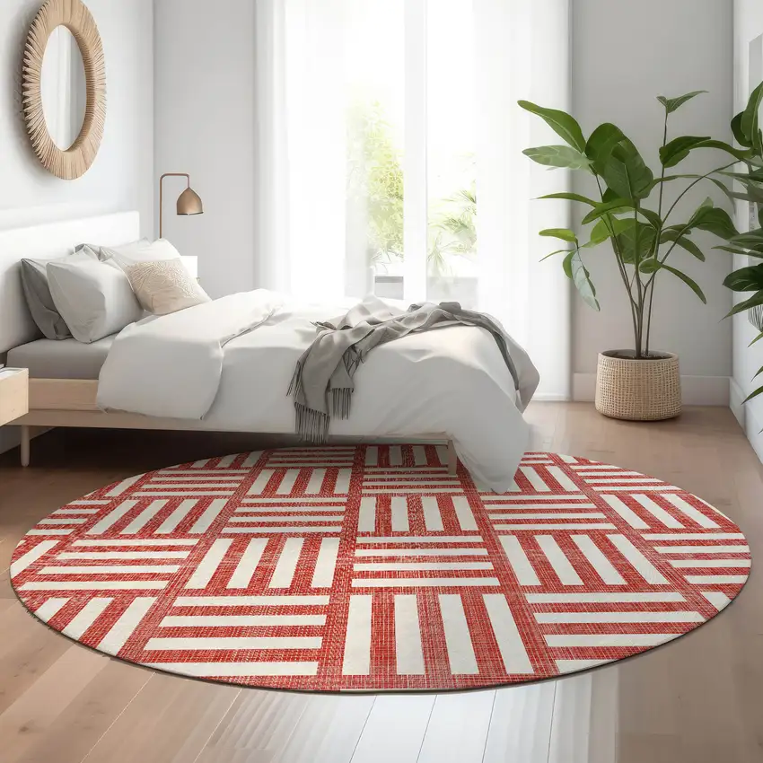 8' Red And Ivory Geometric Washable Round Rug With UV Protection Photo 4