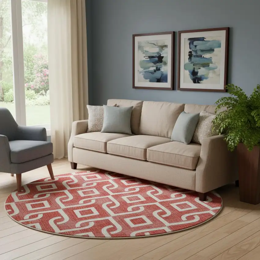 8' Red And Ivory Geometric Washable Round Rug With UV Protection Photo 1