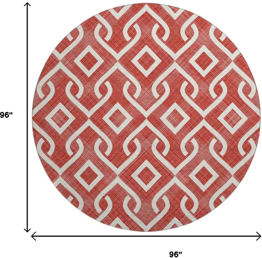 8' Red And Ivory Geometric Washable Round Rug With UV Protection Photo 3