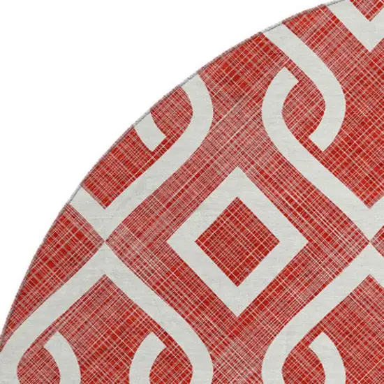 8' Red And Ivory Geometric Washable Round Rug With UV Protection Photo 3