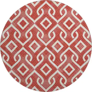 Photo of 8' Red And Ivory Geometric Washable Round Rug With UV Protection