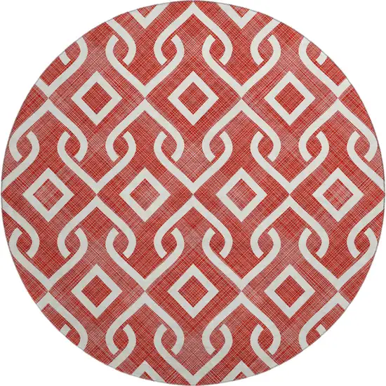 8' Red And Ivory Geometric Washable Round Rug With UV Protection Photo 1