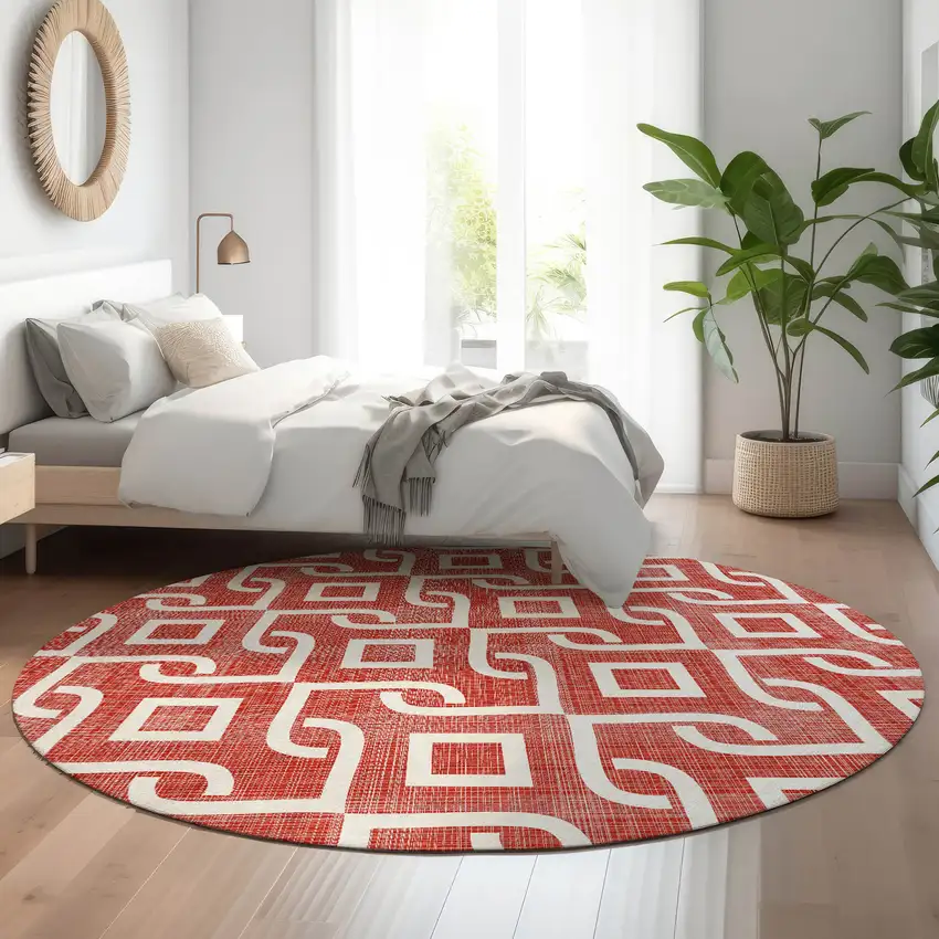 8' Red And Ivory Geometric Washable Round Rug With UV Protection Photo 5