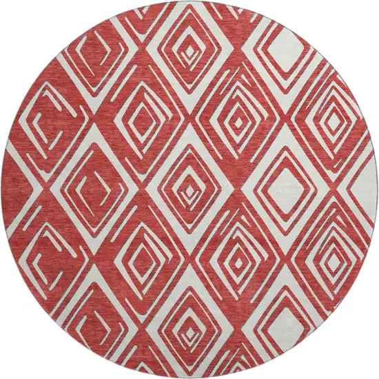 8' Red And Ivory Geometric Washable Round Rug With UV Protection Photo 2