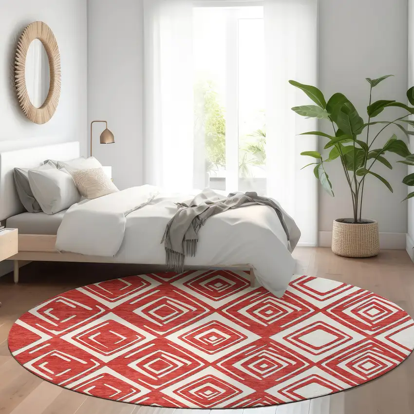 8' Red And Ivory Geometric Washable Round Rug With UV Protection Photo 6