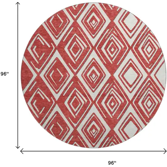 8' Red And Ivory Geometric Washable Round Rug With UV Protection Photo 3
