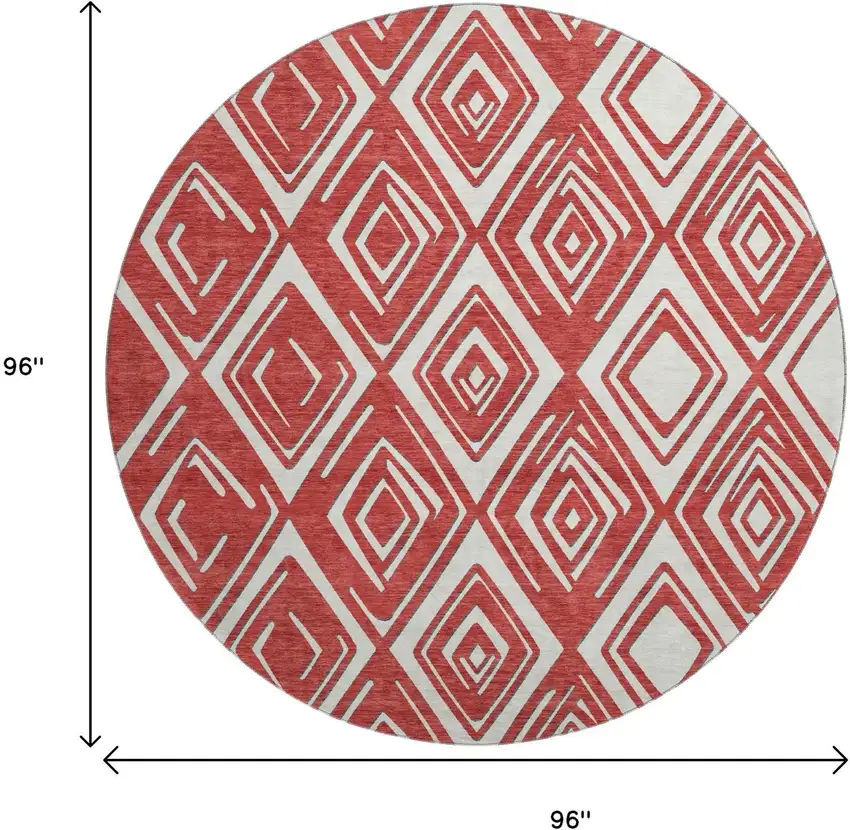 8' Red And Ivory Geometric Washable Round Rug With UV Protection Photo 3