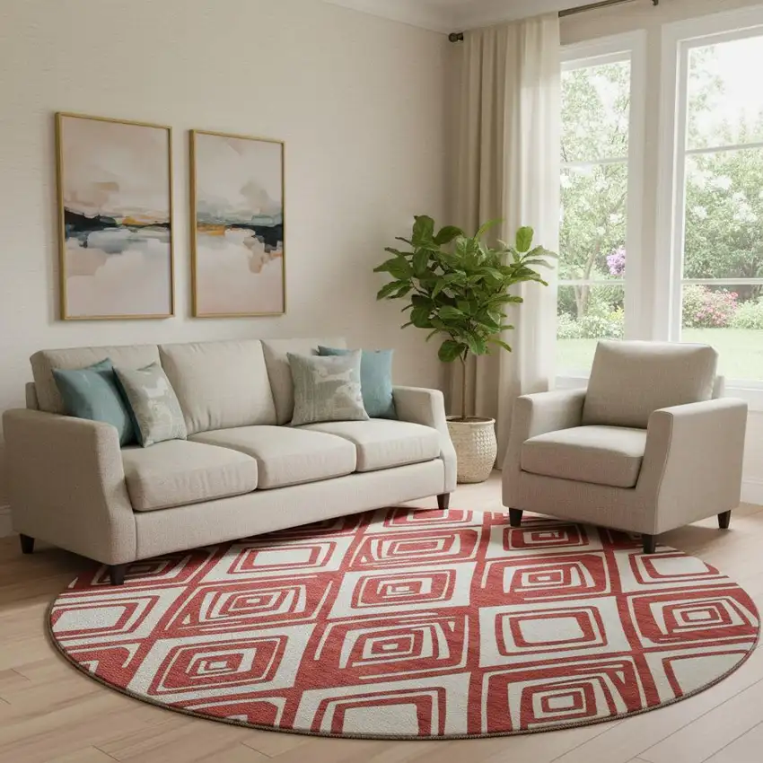 8' Red And Ivory Geometric Washable Round Rug With UV Protection Photo 1