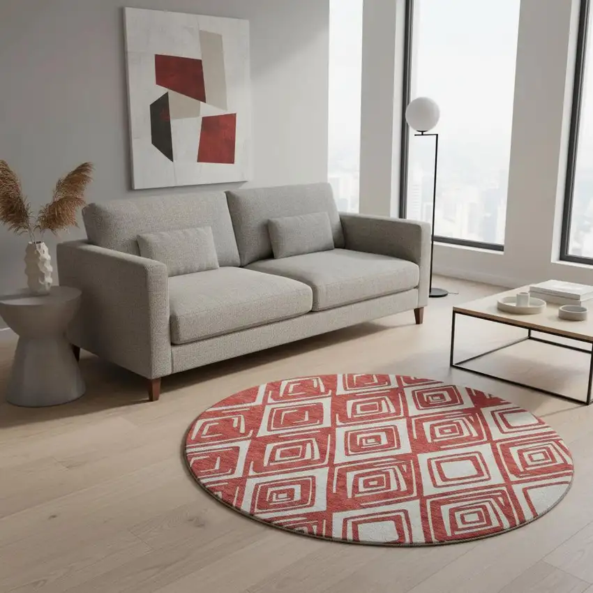 8' Red And Ivory Geometric Washable Round Rug With UV Protection Photo 1