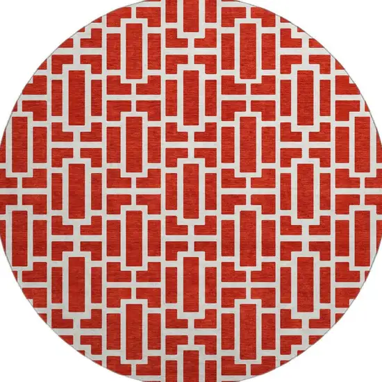 8' Red And Ivory Geometric Washable Round Rug With UV Protection Photo 4