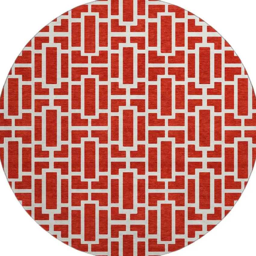 8' Red And Ivory Geometric Washable Round Rug With UV Protection Photo 4
