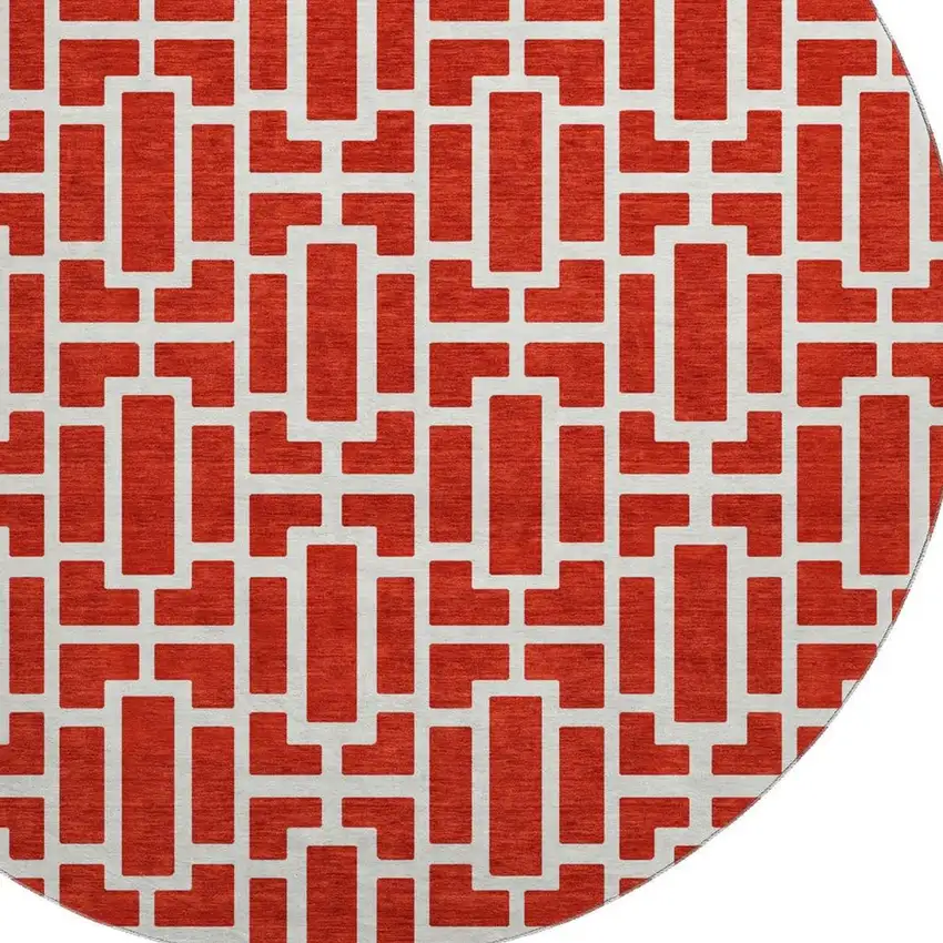 8' Red And Ivory Geometric Washable Round Rug With UV Protection Photo 3