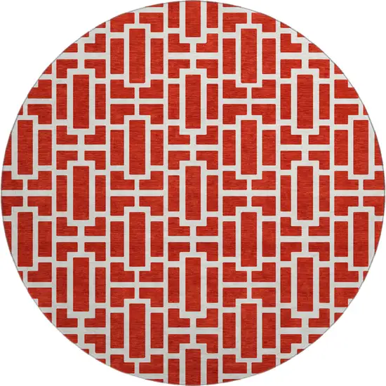8' Red And Ivory Geometric Washable Round Rug With UV Protection Photo 1