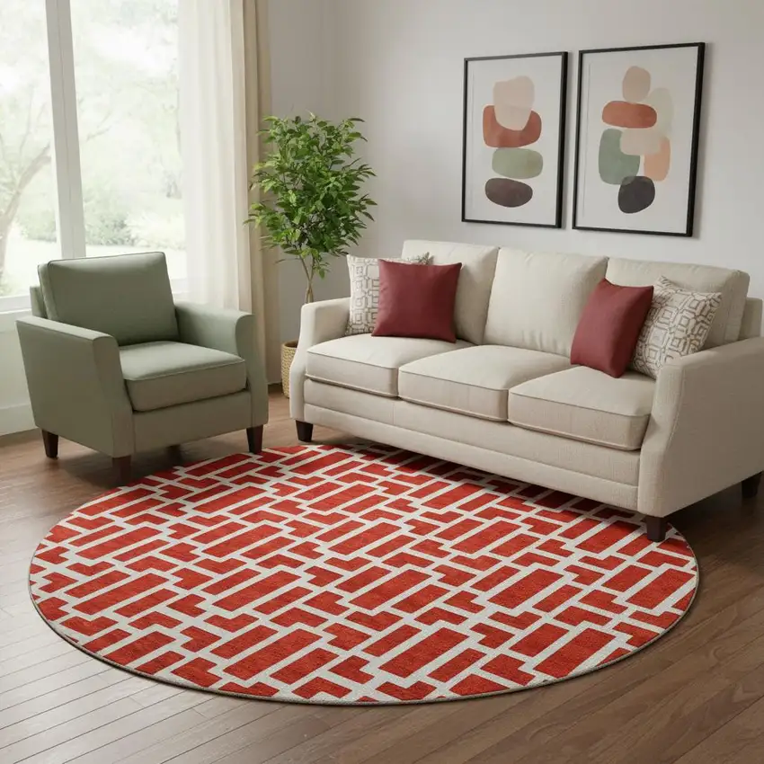 8' Red And Ivory Geometric Washable Round Rug With UV Protection Photo 1