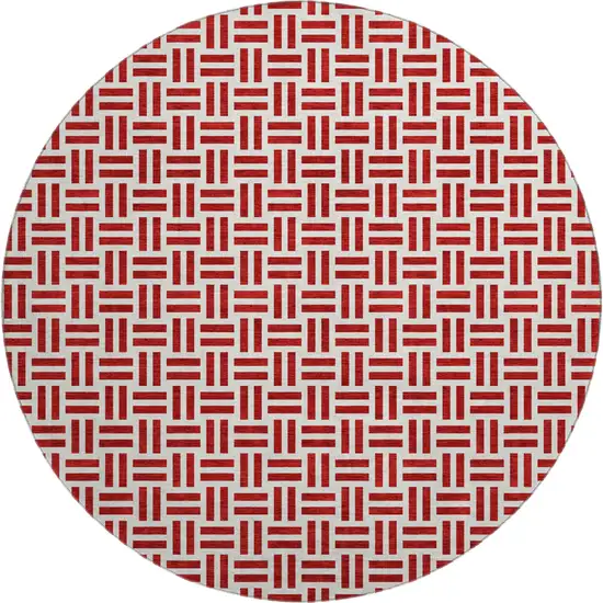 8' Red And Ivory Geometric Washable Round Rug With UV Protection Photo 1