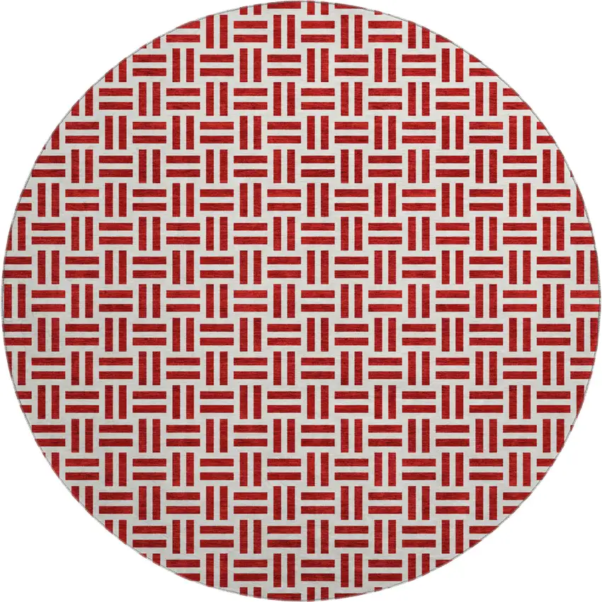 8' Red And Ivory Geometric Washable Round Rug With UV Protection Photo 1