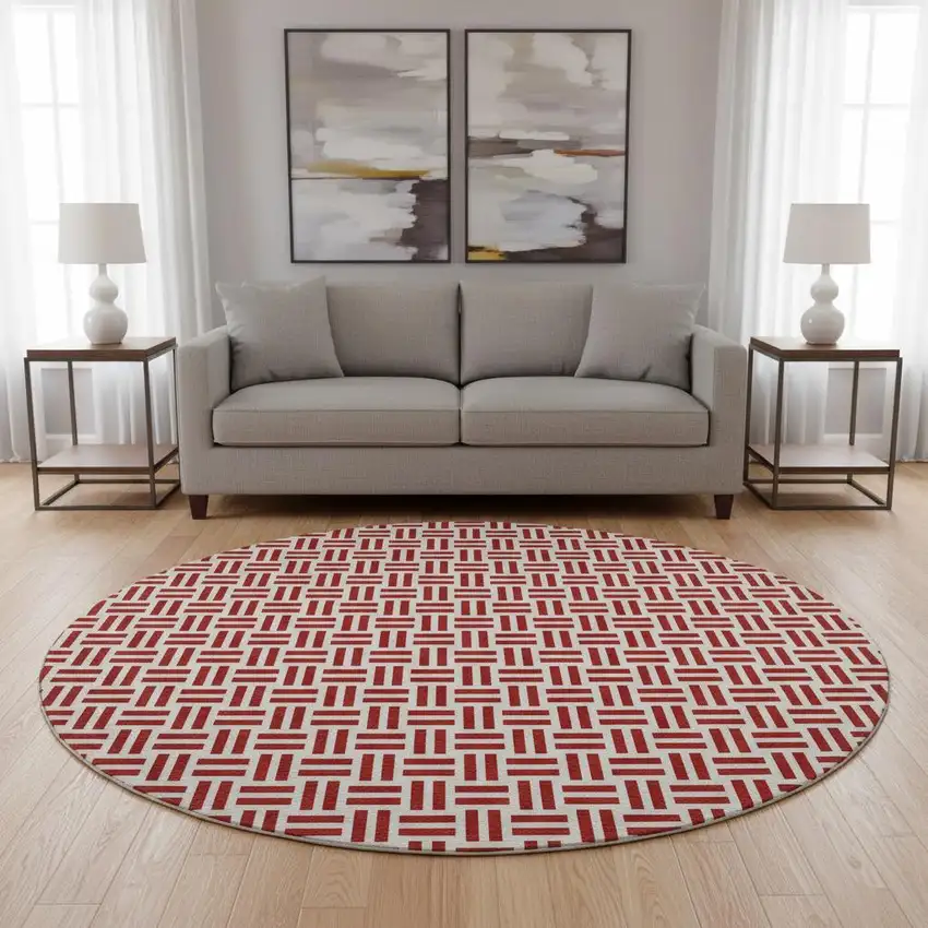 8' Red And Ivory Geometric Washable Round Rug With UV Protection Photo 2
