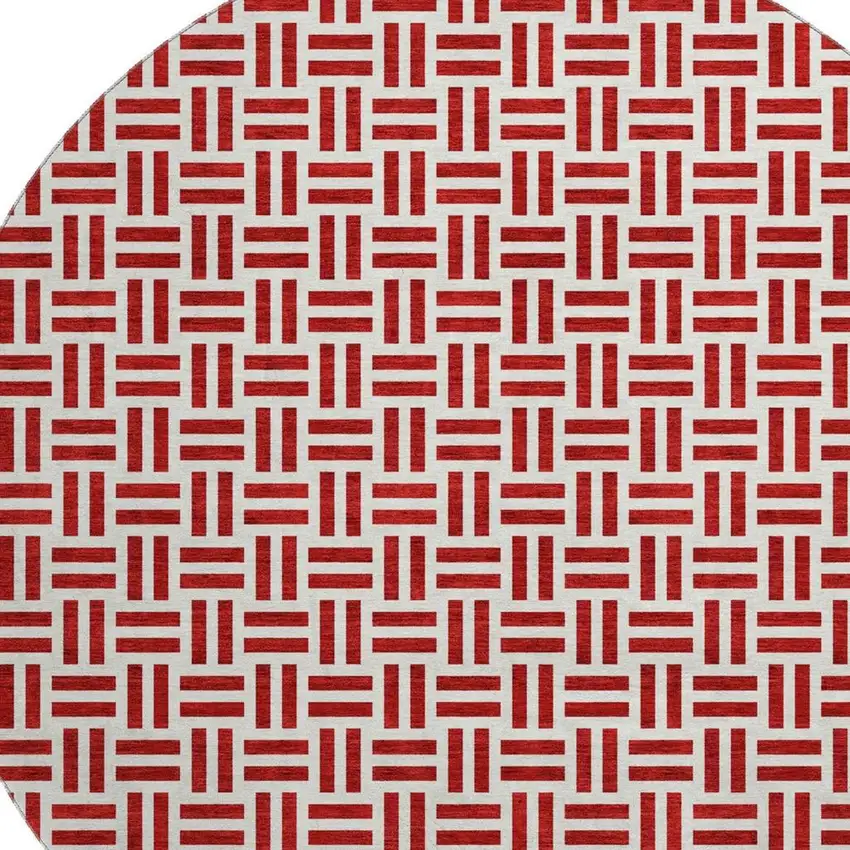 8' Red And Ivory Geometric Washable Round Rug With UV Protection Photo 2