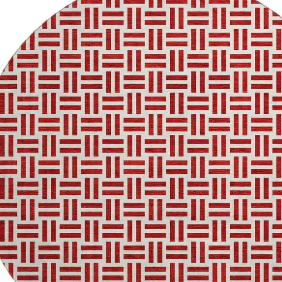 8' Red And Ivory Geometric Washable Round Rug With UV Protection Photo 2