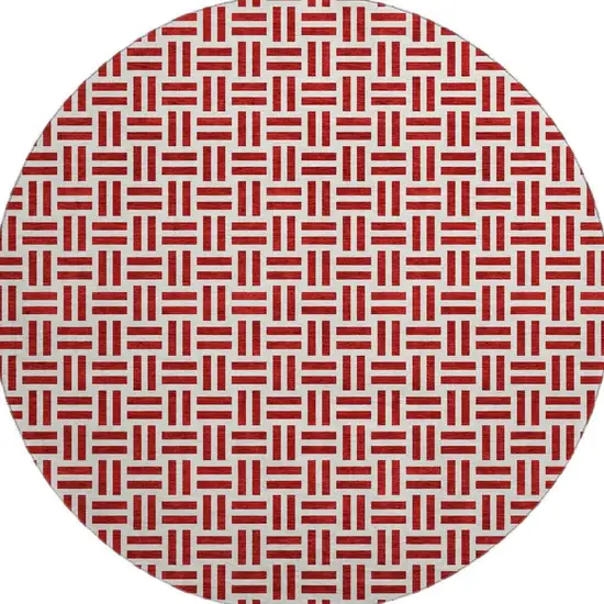 8' Red And Ivory Geometric Washable Round Rug With UV Protection Photo 3