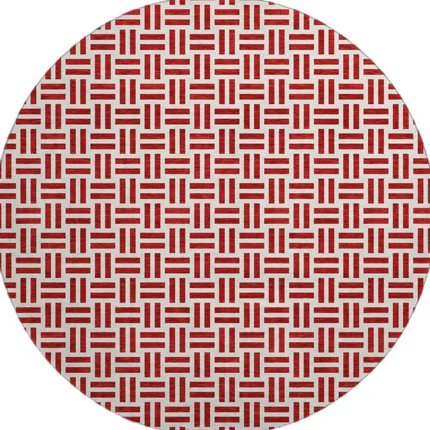 8' Red And Ivory Geometric Washable Round Rug With UV Protection Photo 3