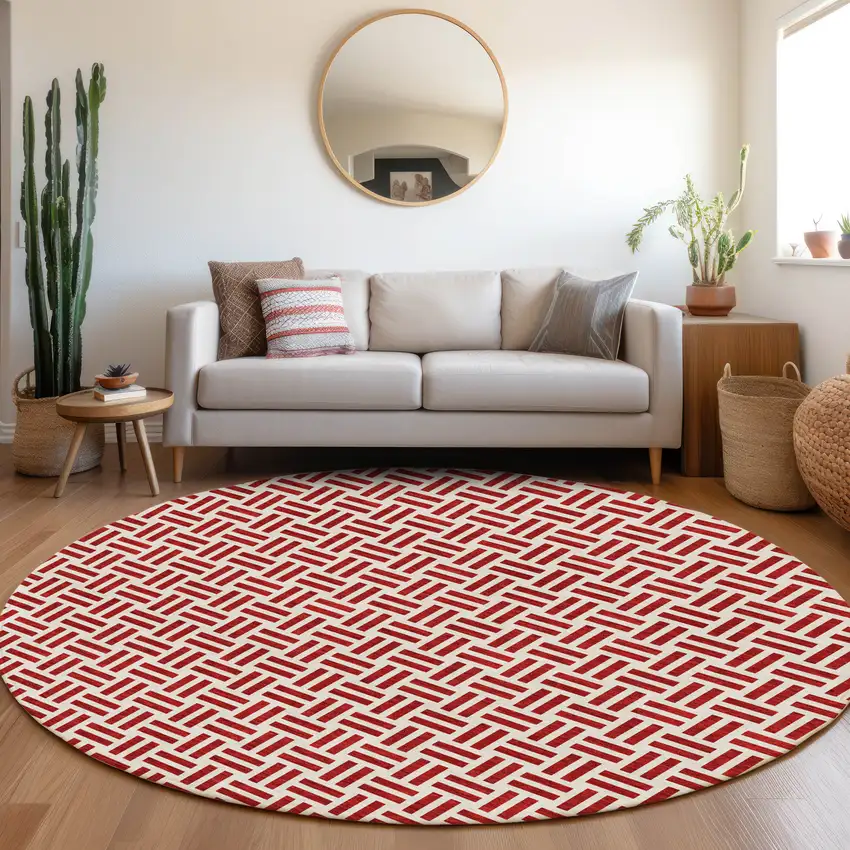 8' Red And Ivory Geometric Washable Round Rug With UV Protection Photo 4