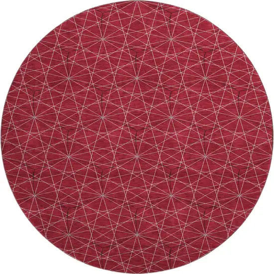 8' Red And Ivory Geometric Washable Round Rug With UV Protection Photo 1