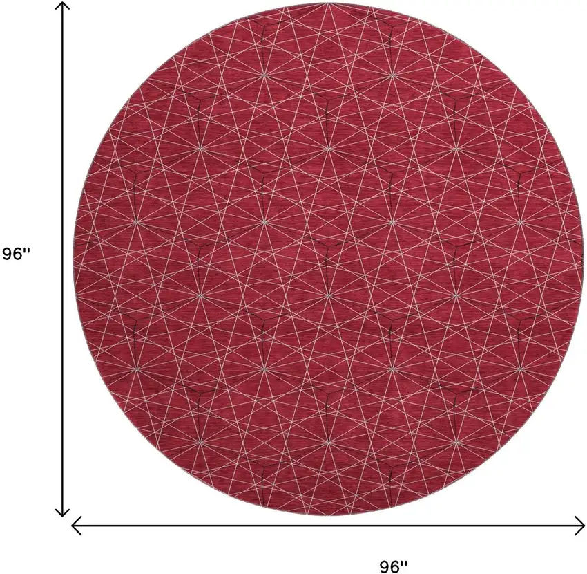 8' Red And Ivory Geometric Washable Round Rug With UV Protection Photo 9