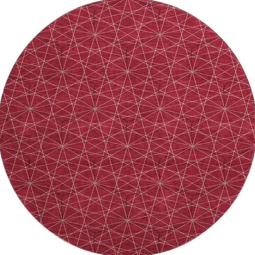 8' Red And Ivory Geometric Washable Round Rug With UV Protection Photo 3