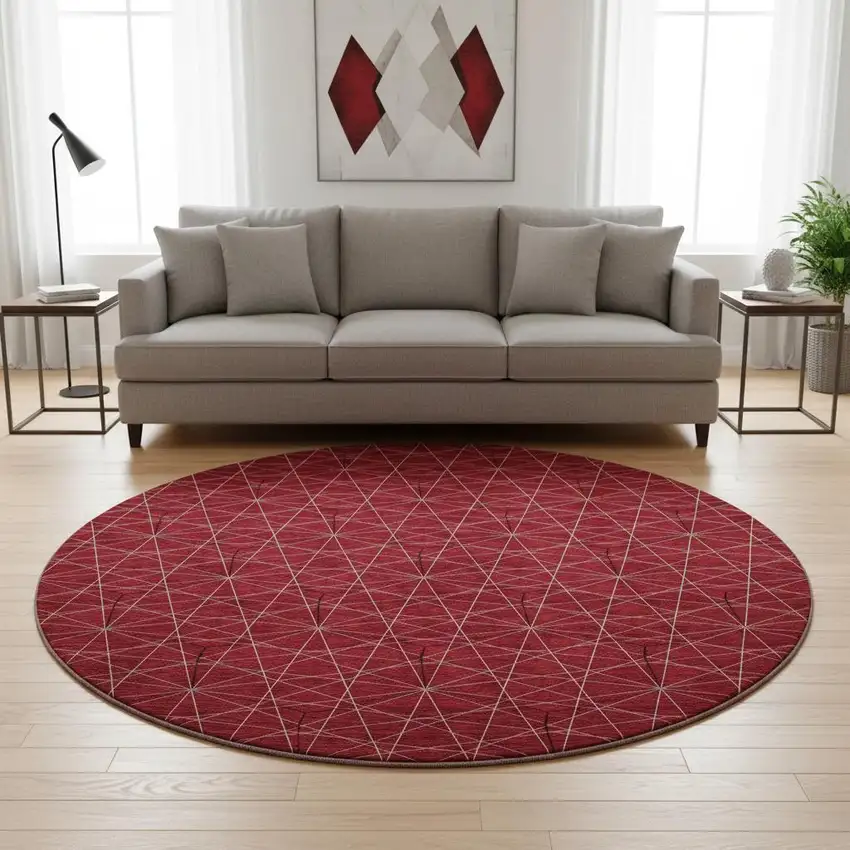 8' Red And Ivory Geometric Washable Round Rug With UV Protection Photo 2